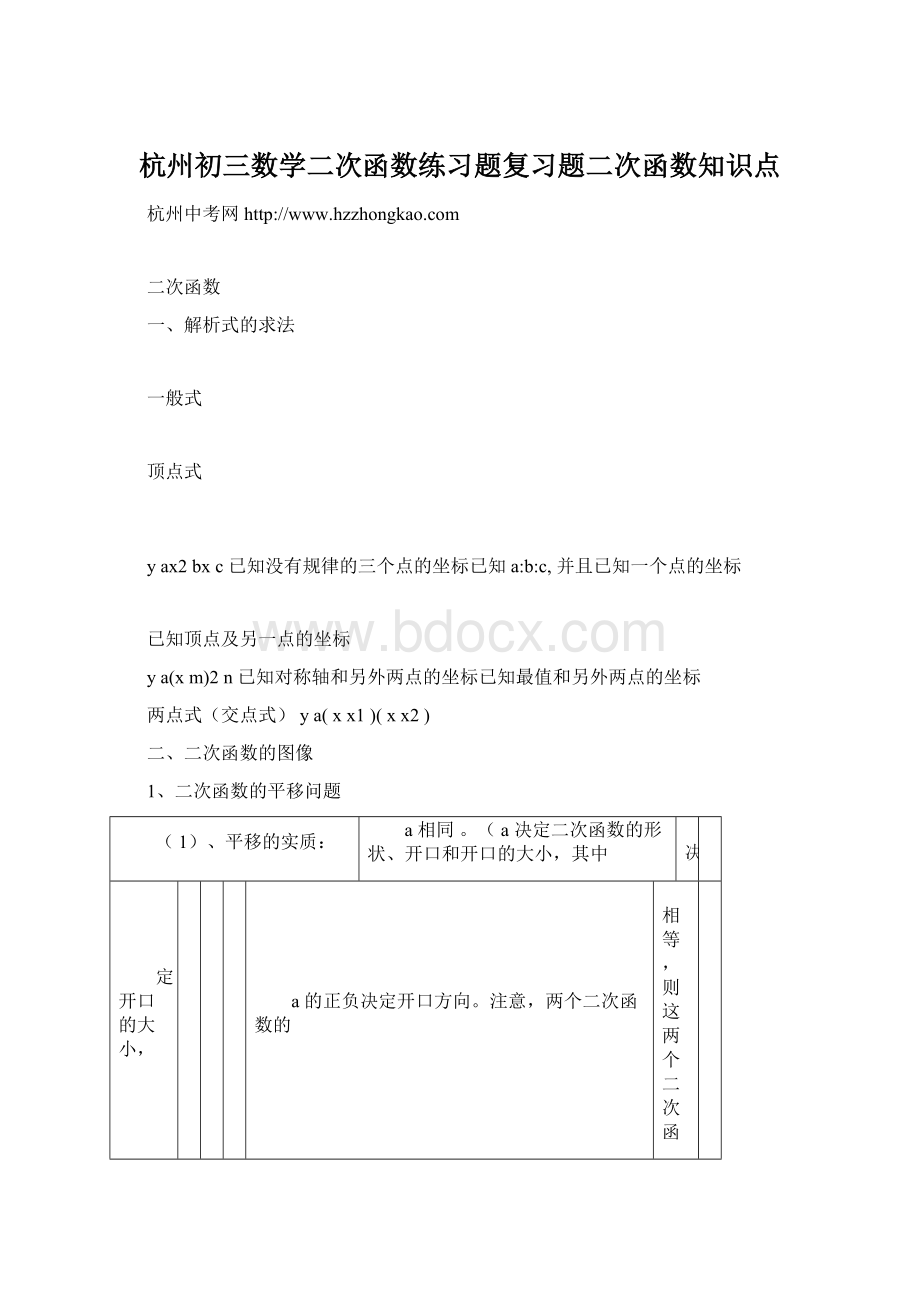 杭州初三数学二次函数练习题复习题二次函数知识点Word下载.docx