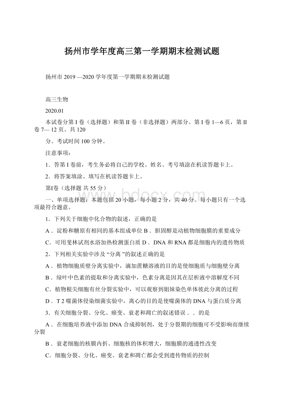 扬州市学年度高三第一学期期末检测试题Word文档下载推荐.docx_第1页