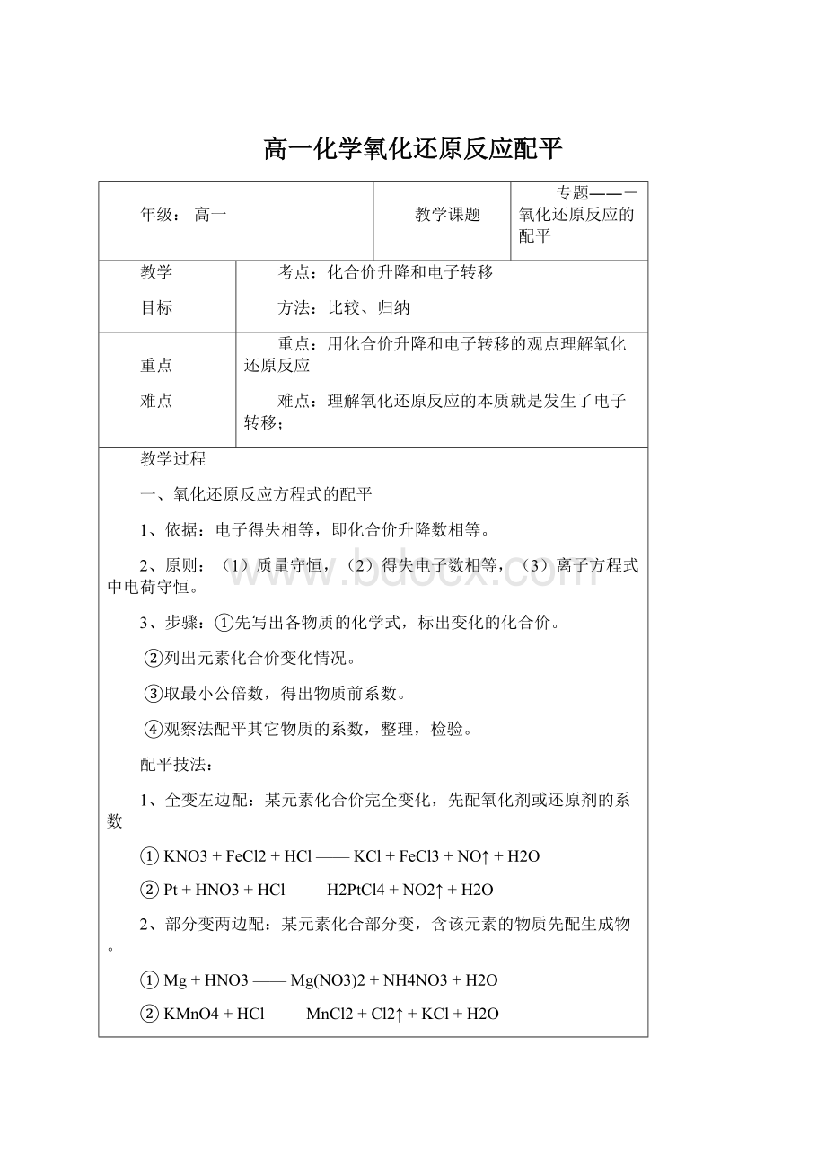 高一化学氧化还原反应配平.docx