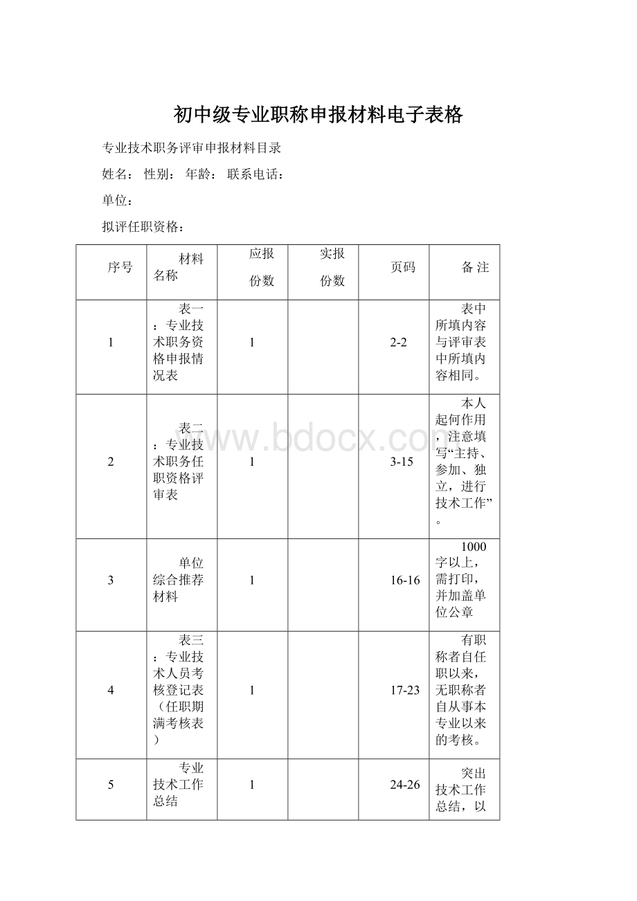 初中级专业职称申报材料电子表格Word下载.docx