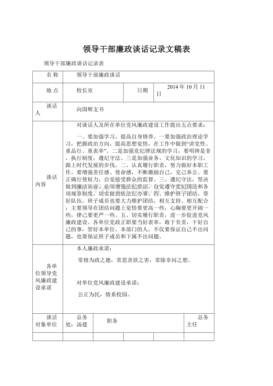 领导干部廉政谈话记录文稿表.docx_第1页