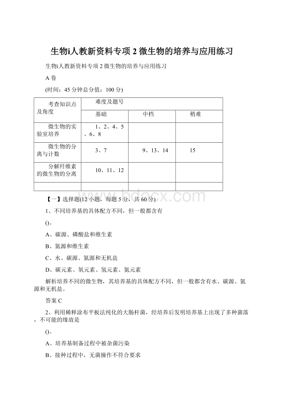 生物ⅰ人教新资料专项2微生物的培养与应用练习.docx