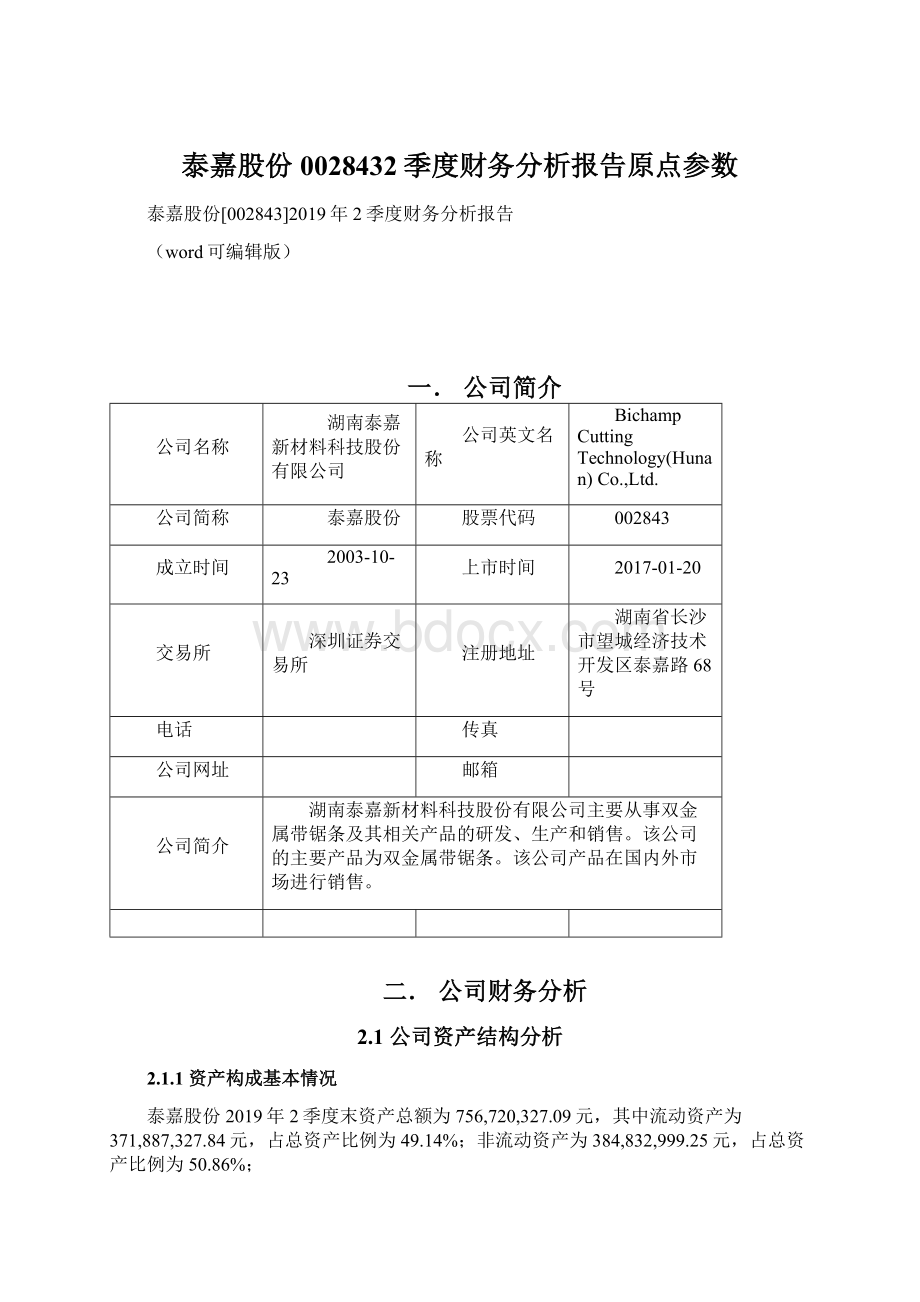 泰嘉股份0028432季度财务分析报告原点参数Word下载.docx