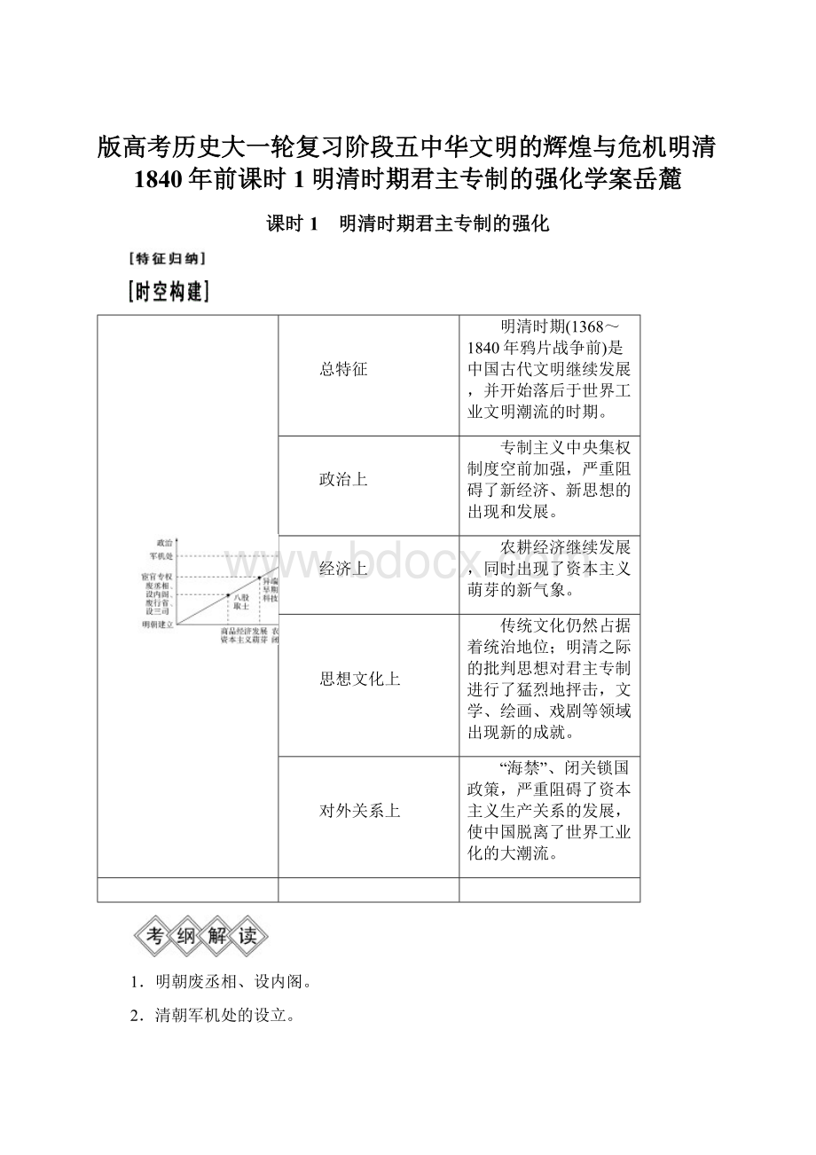 版高考历史大一轮复习阶段五中华文明的辉煌与危机明清1840年前课时1明清时期君主专制的强化学案岳麓.docx