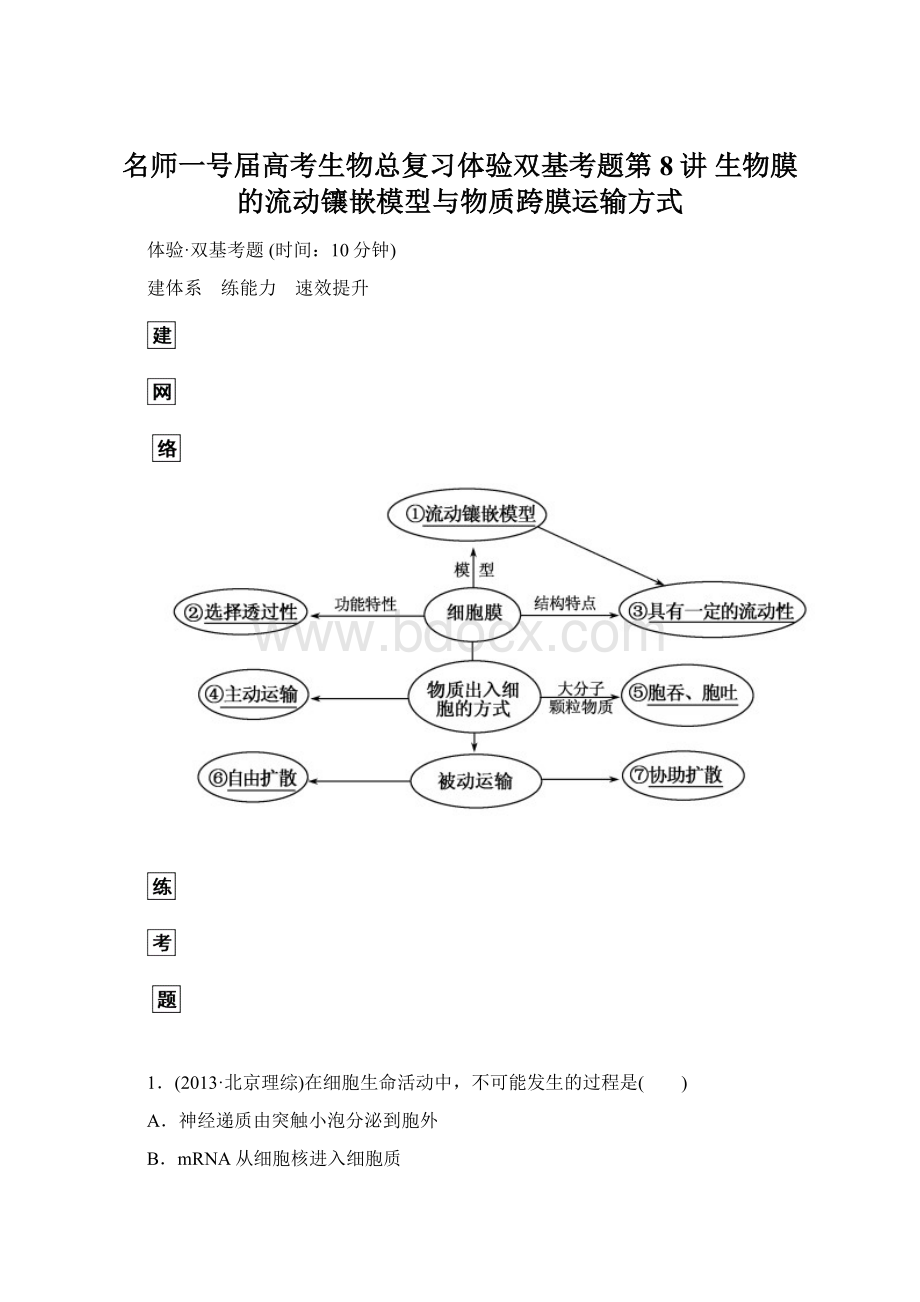 名师一号届高考生物总复习体验双基考题第8讲 生物膜的流动镶嵌模型与物质跨膜运输方式.docx_第1页