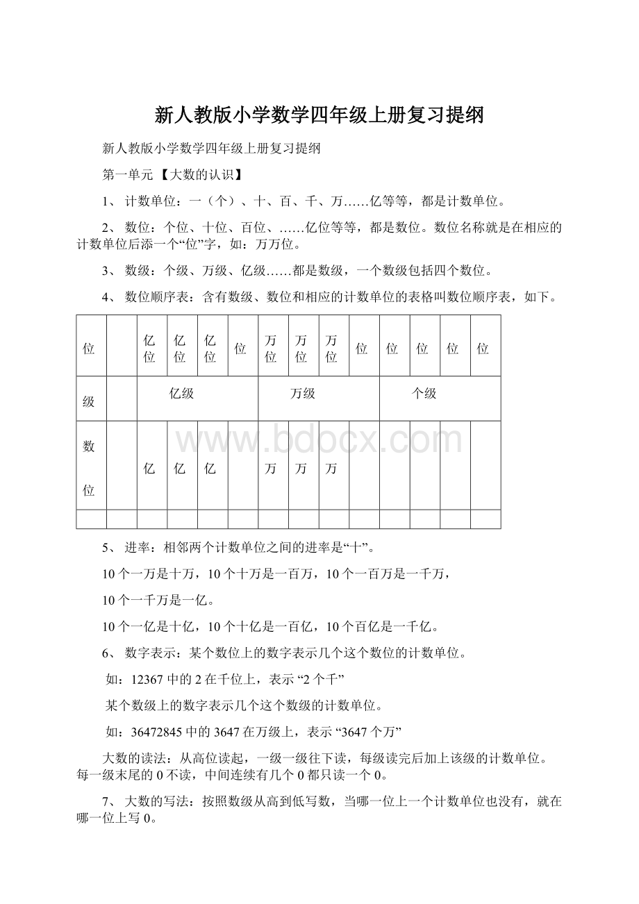 新人教版小学数学四年级上册复习提纲.docx