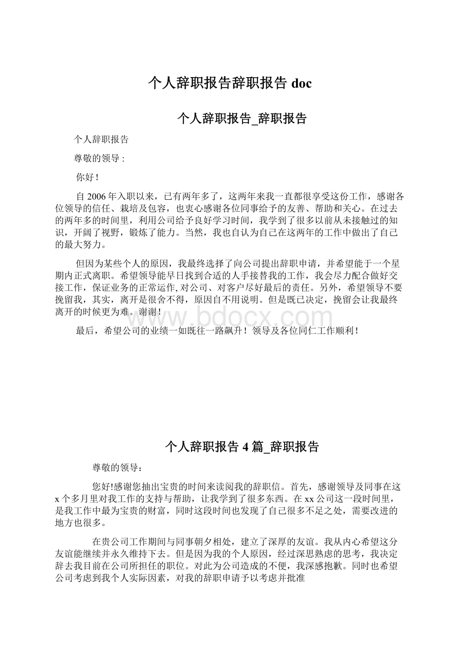 个人辞职报告辞职报告docWord下载.docx