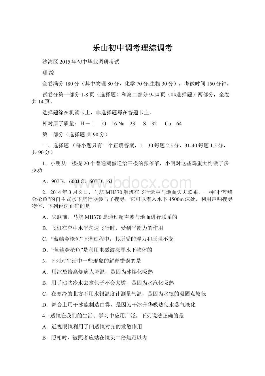 乐山初中调考理综调考文档格式.docx