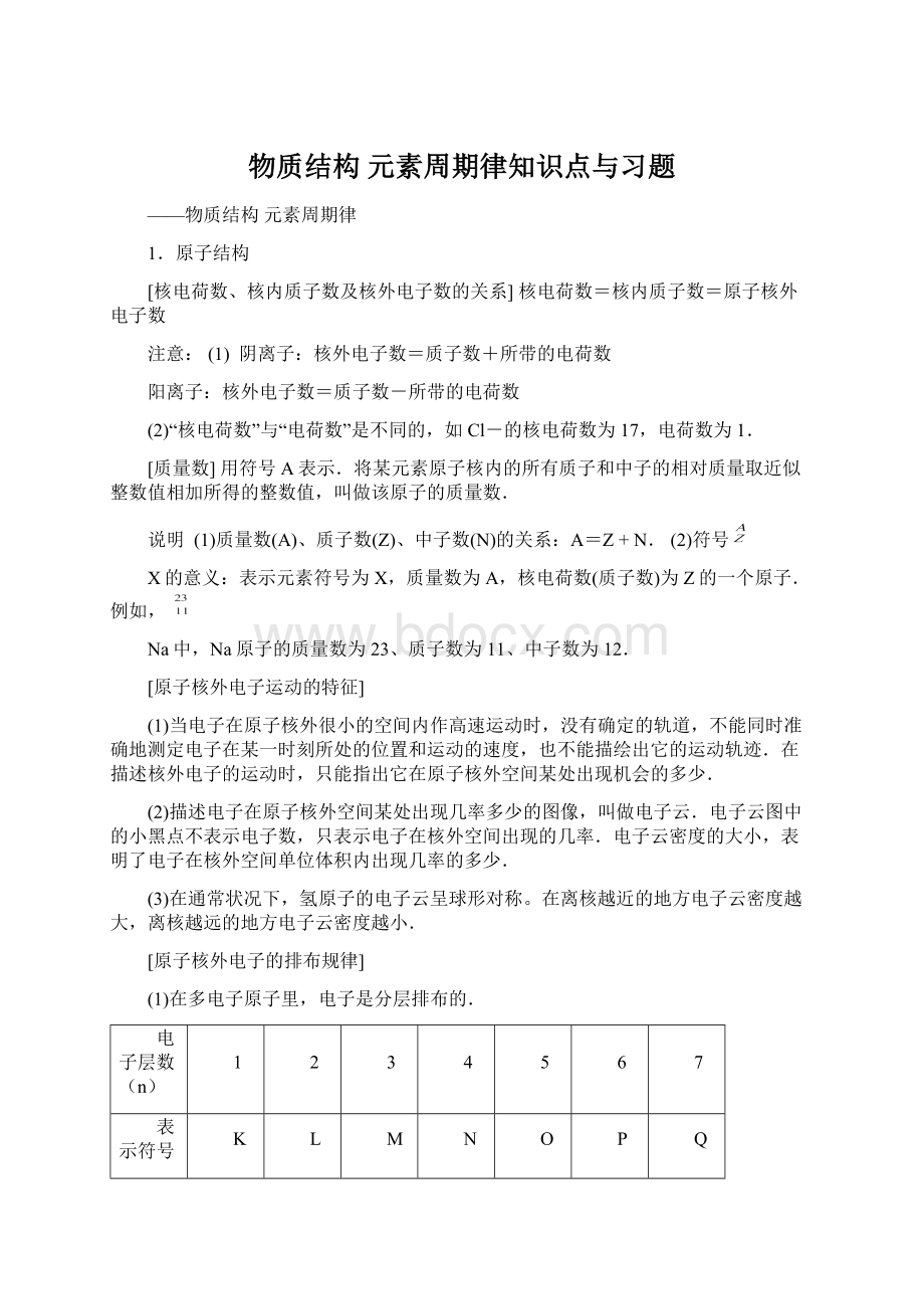 物质结构元素周期律知识点与习题.docx