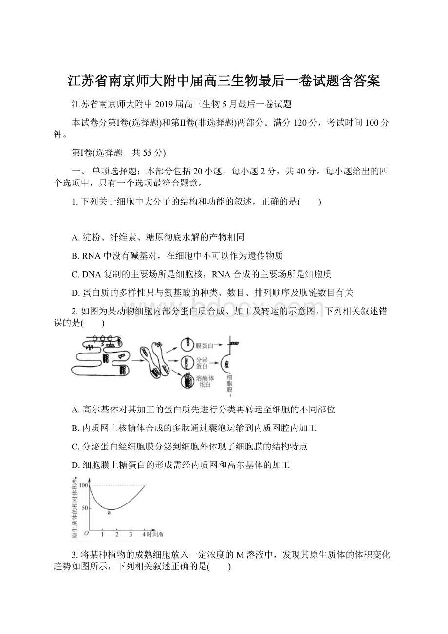 江苏省南京师大附中届高三生物最后一卷试题含答案.docx_第1页