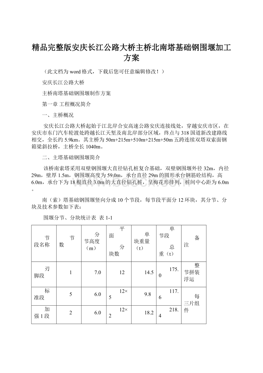 精品完整版安庆长江公路大桥主桥北南塔基础钢围堰加工方案Word下载.docx