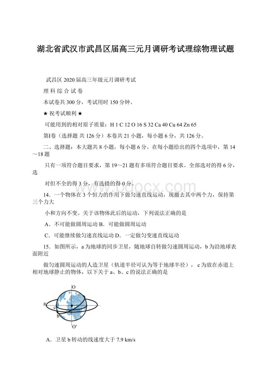 湖北省武汉市武昌区届高三元月调研考试理综物理试题Word格式文档下载.docx