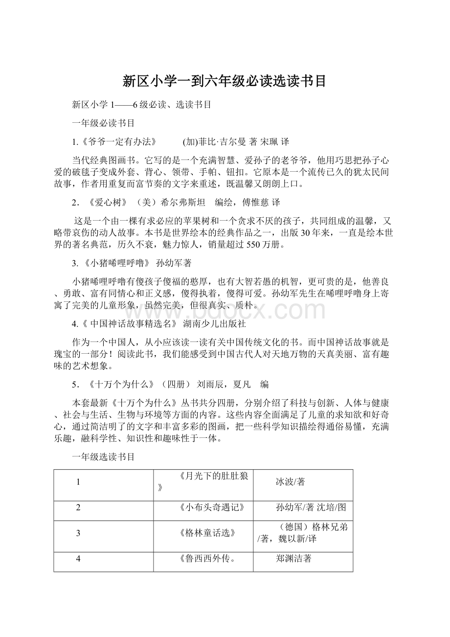 新区小学一到六年级必读选读书目Word格式文档下载.docx