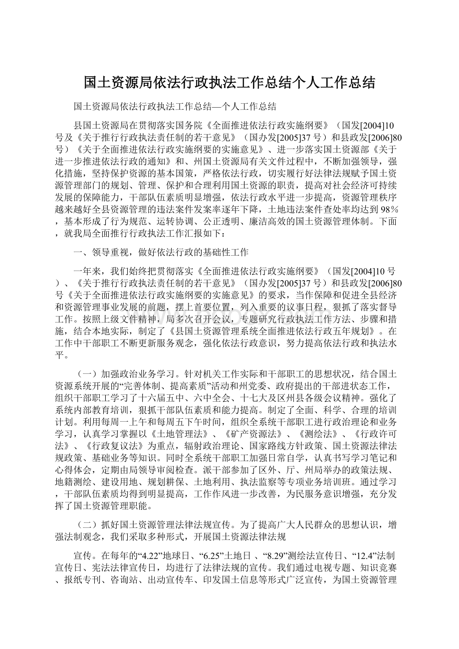 国土资源局依法行政执法工作总结个人工作总结文档格式.docx_第1页