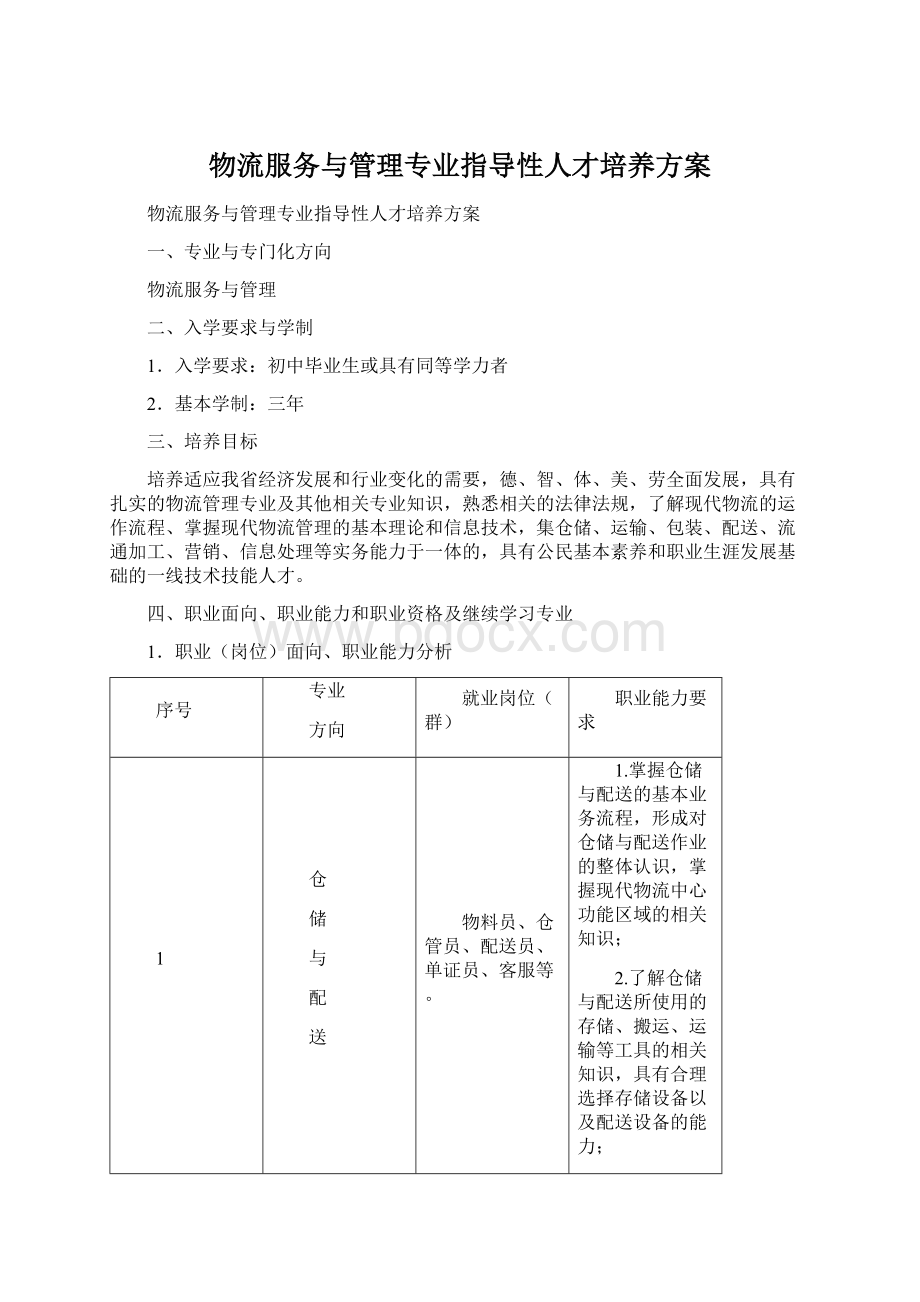 物流服务与管理专业指导性人才培养方案.docx_第1页