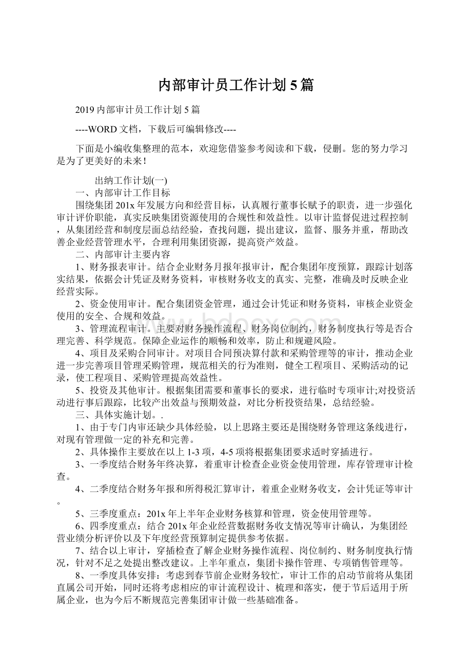 内部审计员工作计划5篇Word文档下载推荐.docx