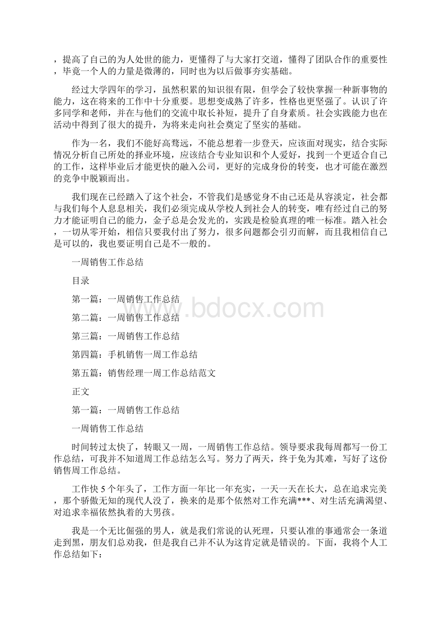 一名应届毕业生个人总结与一周销售工作总结汇编.docx_第2页