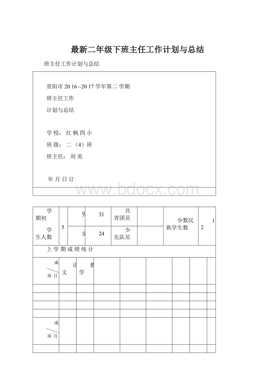 最新二年级下班主任工作计划与总结.docx