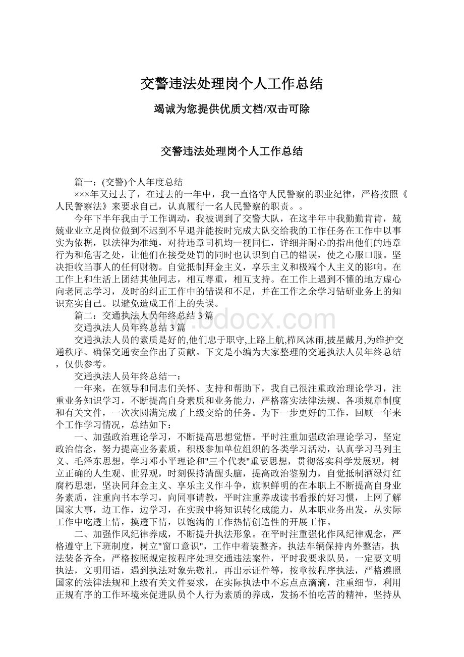 交警违法处理岗个人工作总结.docx