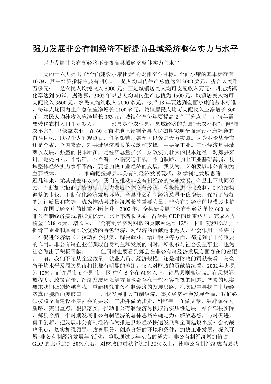 强力发展非公有制经济不断提高县域经济整体实力与水平.docx