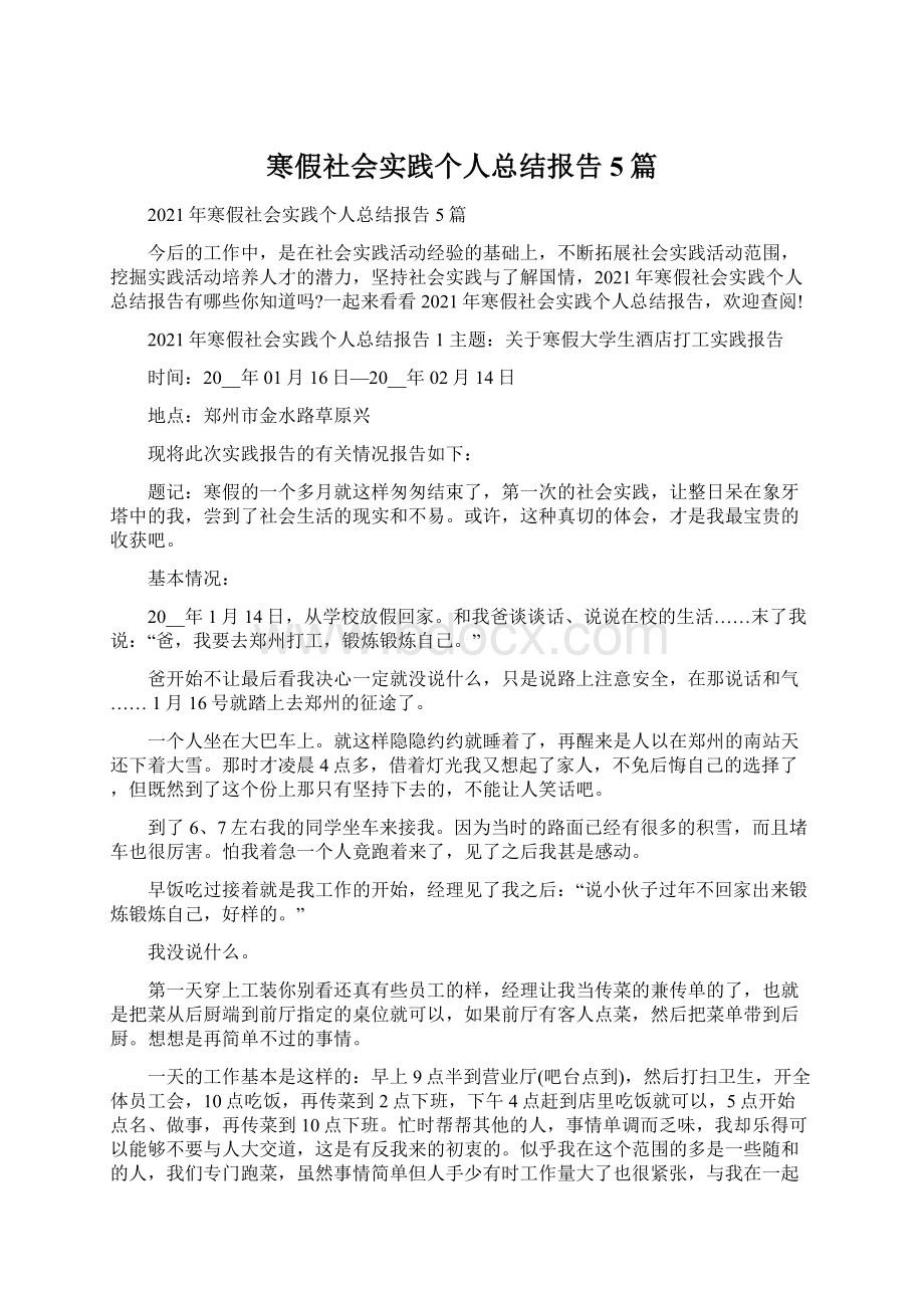 寒假社会实践个人总结报告5篇Word下载.docx