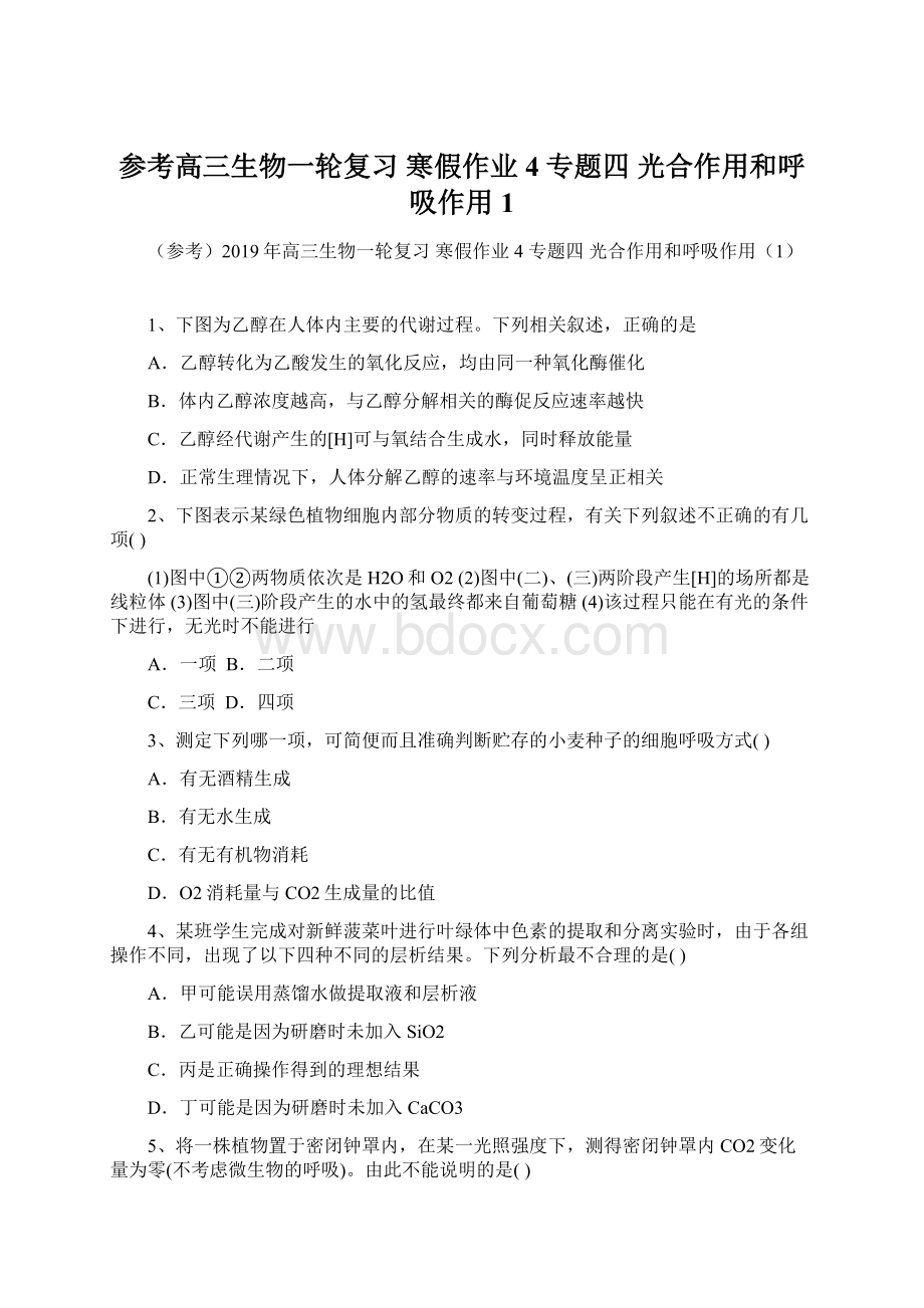 参考高三生物一轮复习 寒假作业4 专题四 光合作用和呼吸作用1.docx