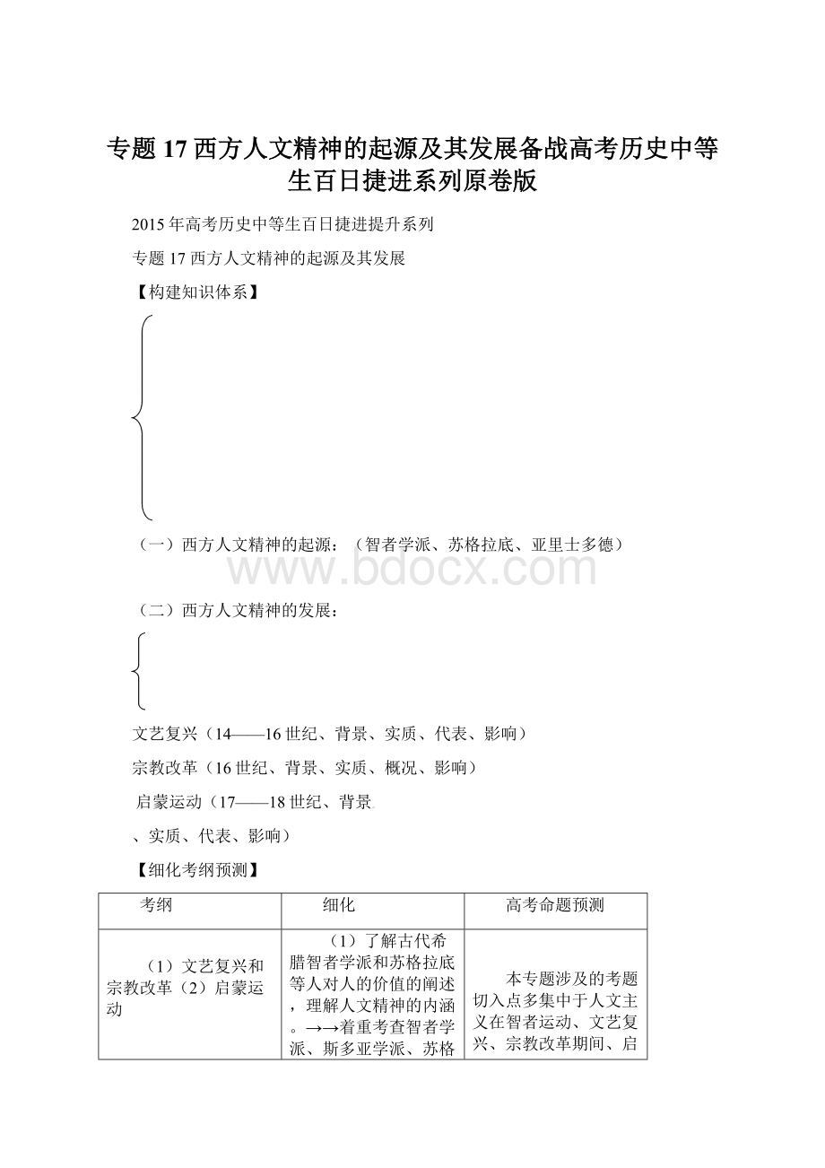 专题17西方人文精神的起源及其发展备战高考历史中等生百日捷进系列原卷版.docx