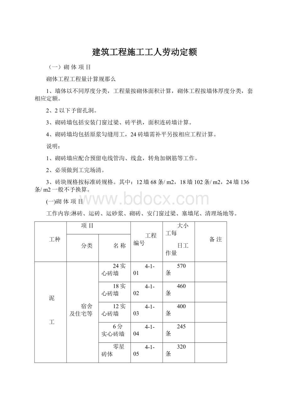 建筑工程施工工人劳动定额Word格式.docx