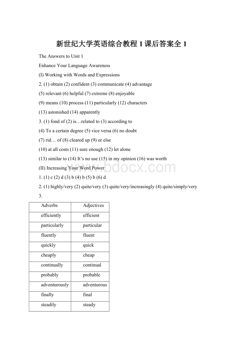 新世纪大学英语综合教程1课后答案全1Word文档格式.docx_第1页