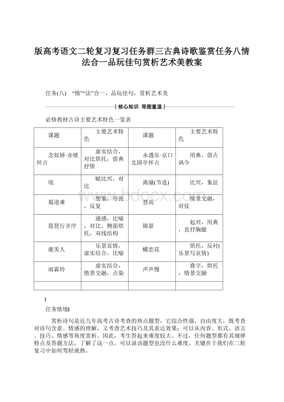 版高考语文二轮复习复习任务群三古典诗歌鉴赏任务八情法合一品玩佳句赏析艺术美教案Word文档下载推荐.docx