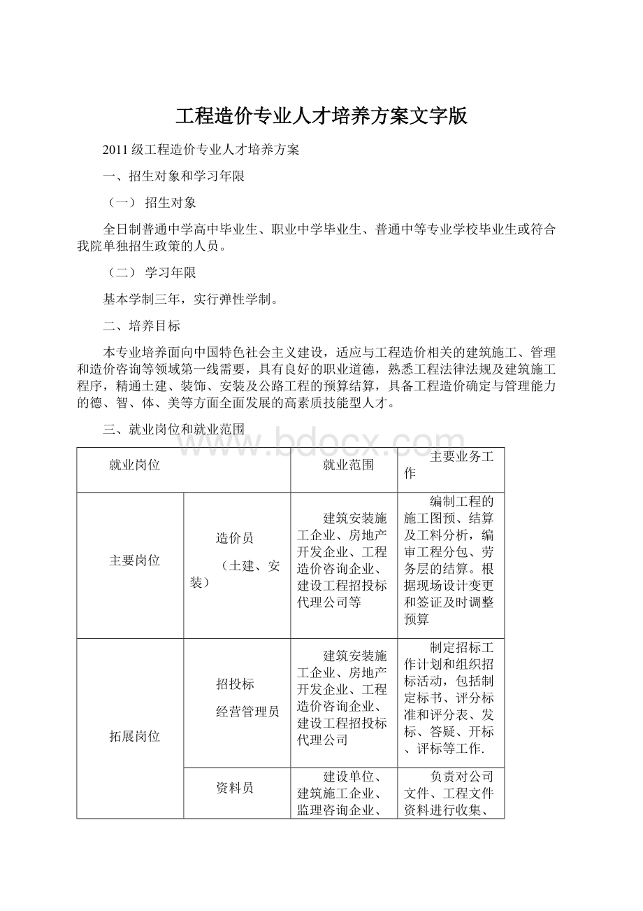 工程造价专业人才培养方案文字版文档格式.docx_第1页