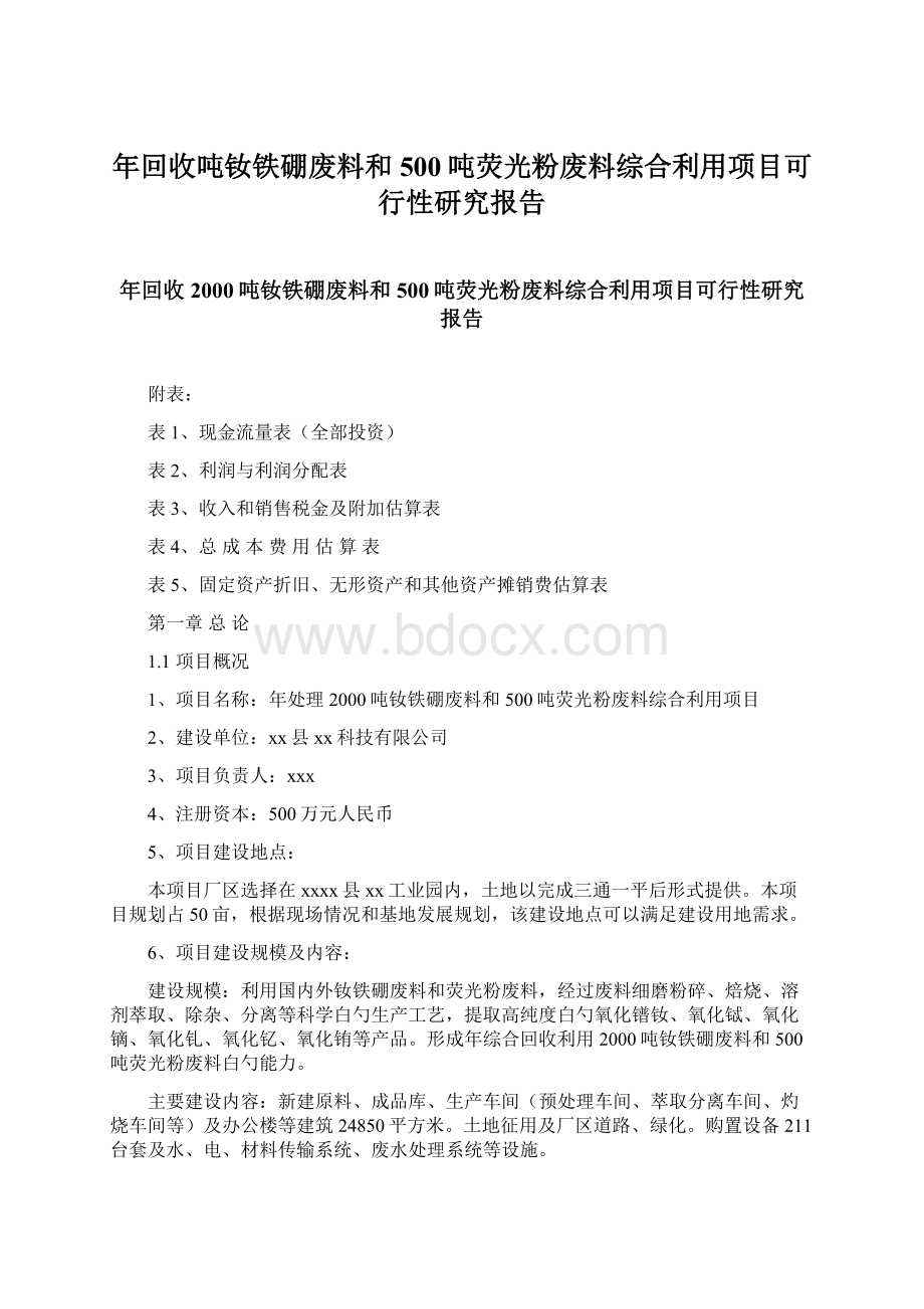 年回收吨钕铁硼废料和500吨荧光粉废料综合利用项目可行性研究报告Word文档下载推荐.docx_第1页