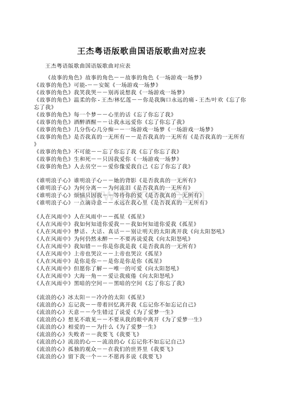 王杰粤语版歌曲国语版歌曲对应表.docx_第1页