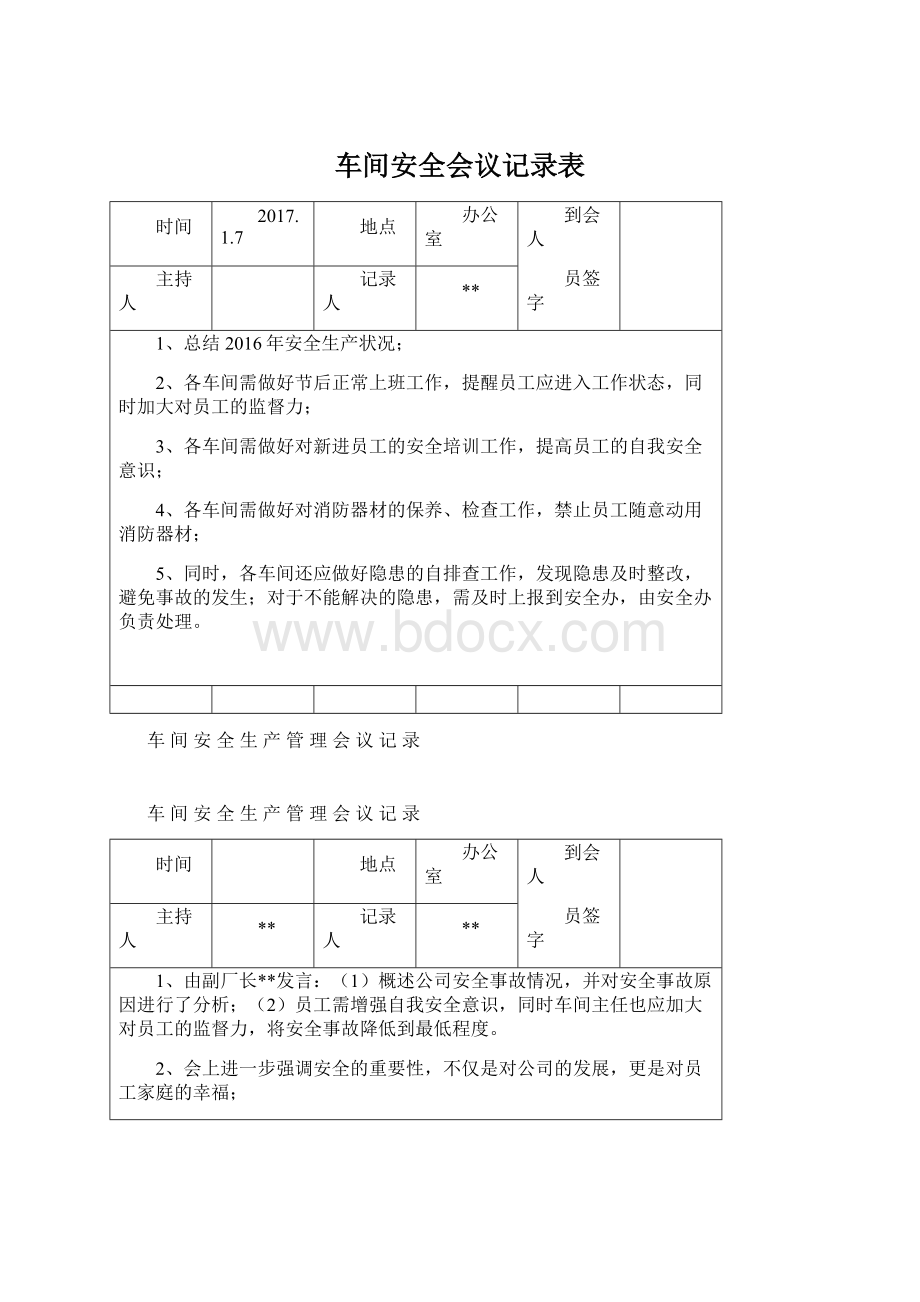 车间安全会议记录表Word下载.docx_第1页