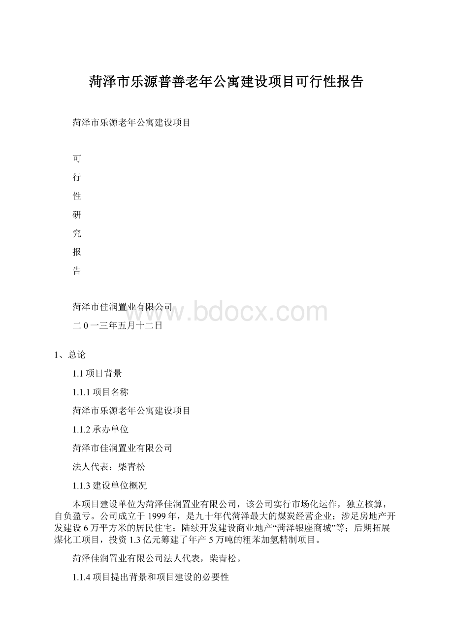 菏泽市乐源普善老年公寓建设项目可行性报告.docx_第1页