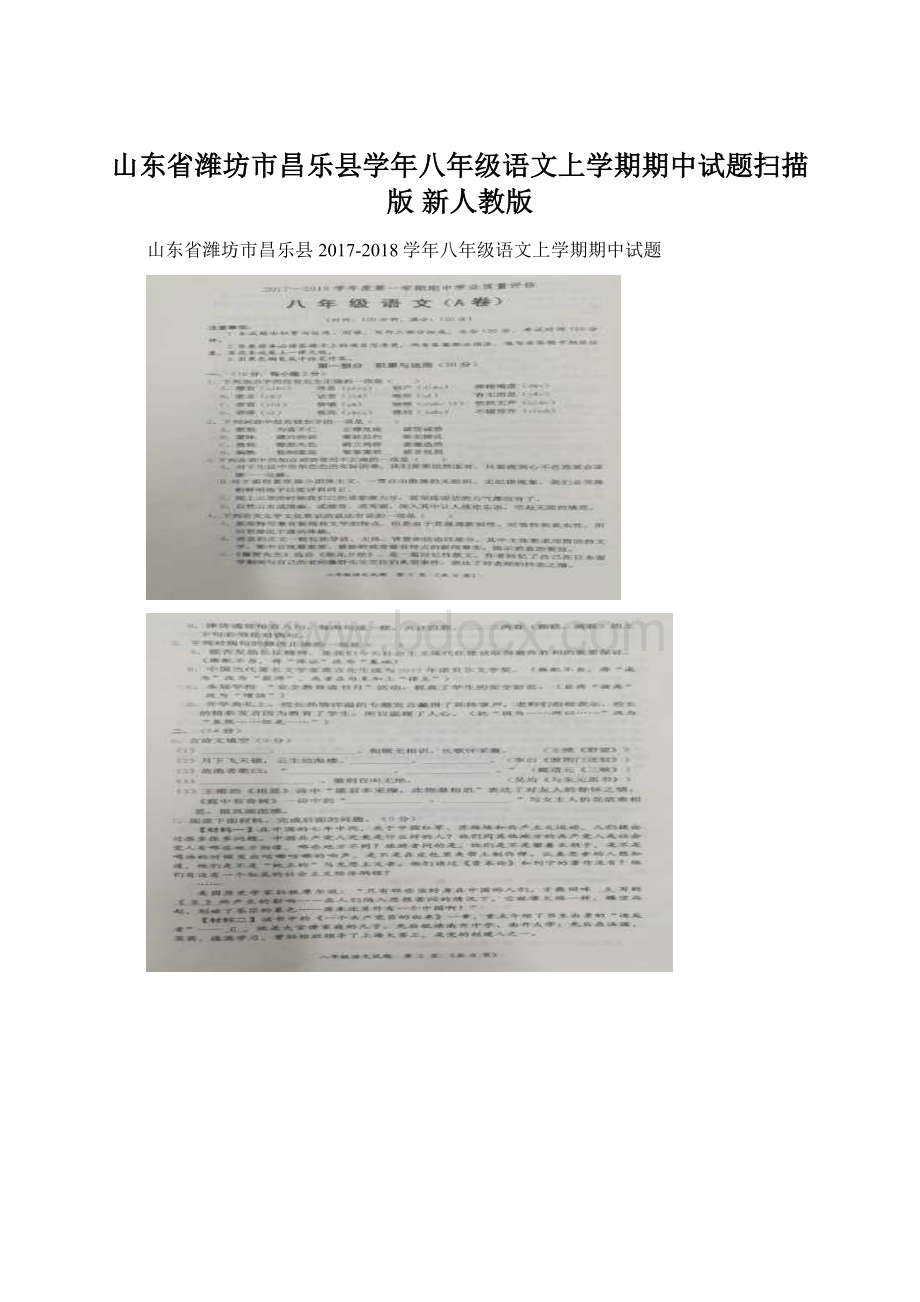 山东省潍坊市昌乐县学年八年级语文上学期期中试题扫描版 新人教版.docx