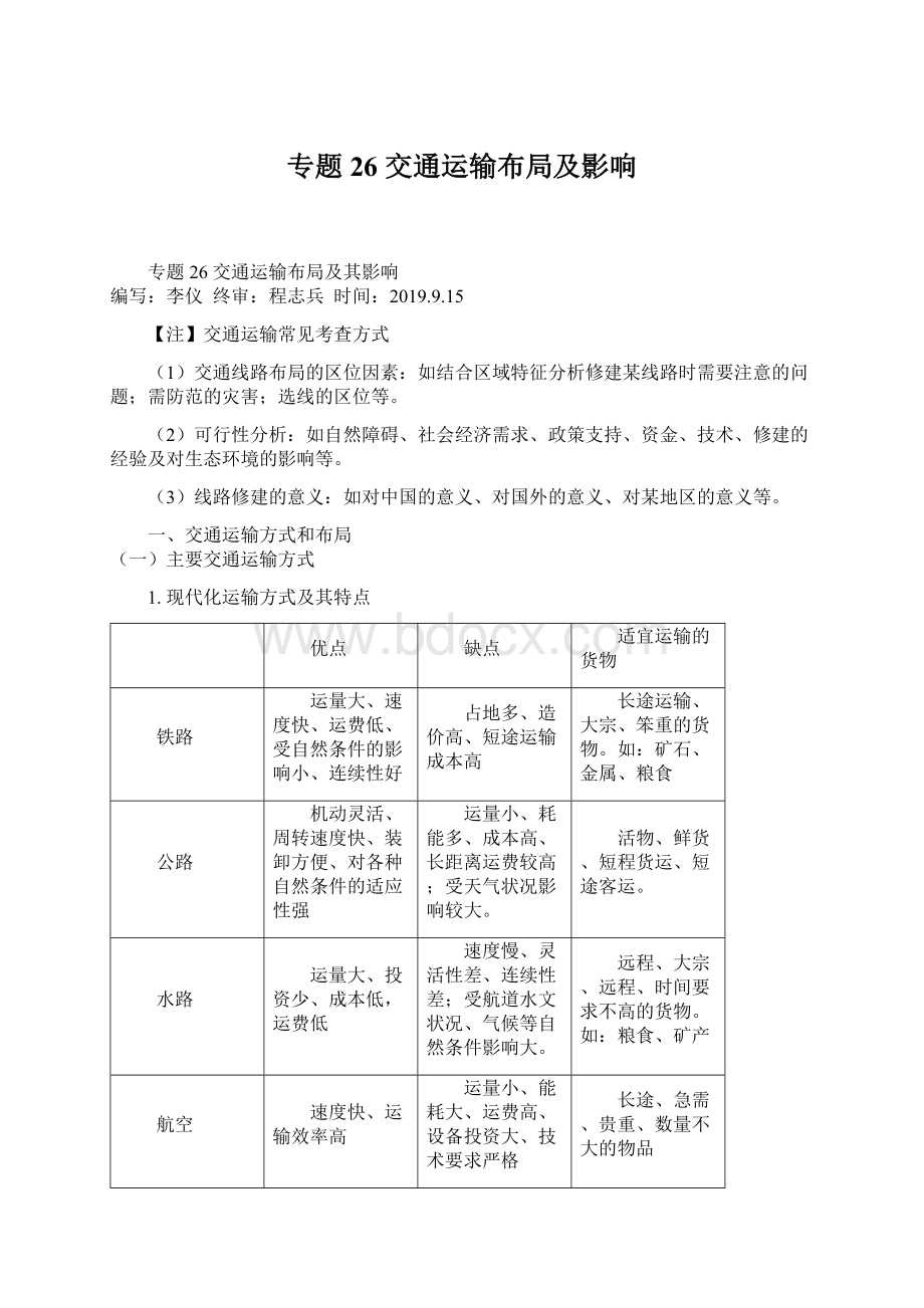 专题26交通运输布局及影响Word文档下载推荐.docx