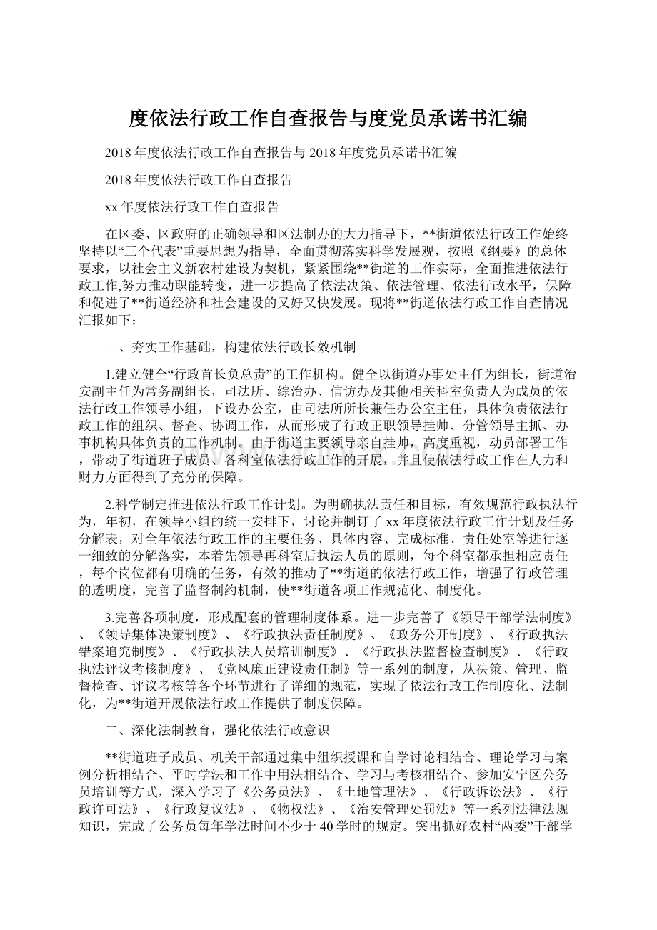 度依法行政工作自查报告与度党员承诺书汇编.docx