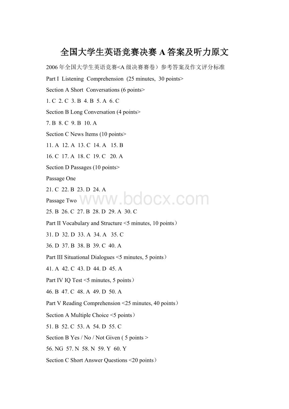 全国大学生英语竞赛决赛A答案及听力原文Word格式文档下载.docx_第1页