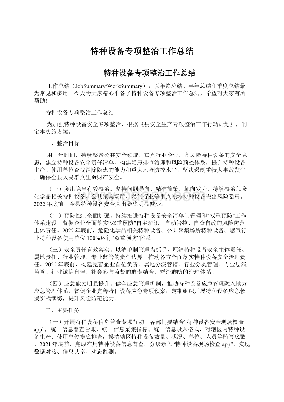 特种设备专项整治工作总结文档格式.docx