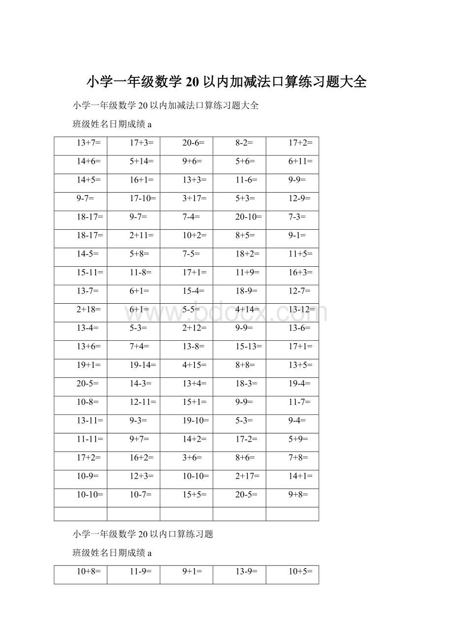 小学一年级数学20以内加减法口算练习题大全.docx_第1页