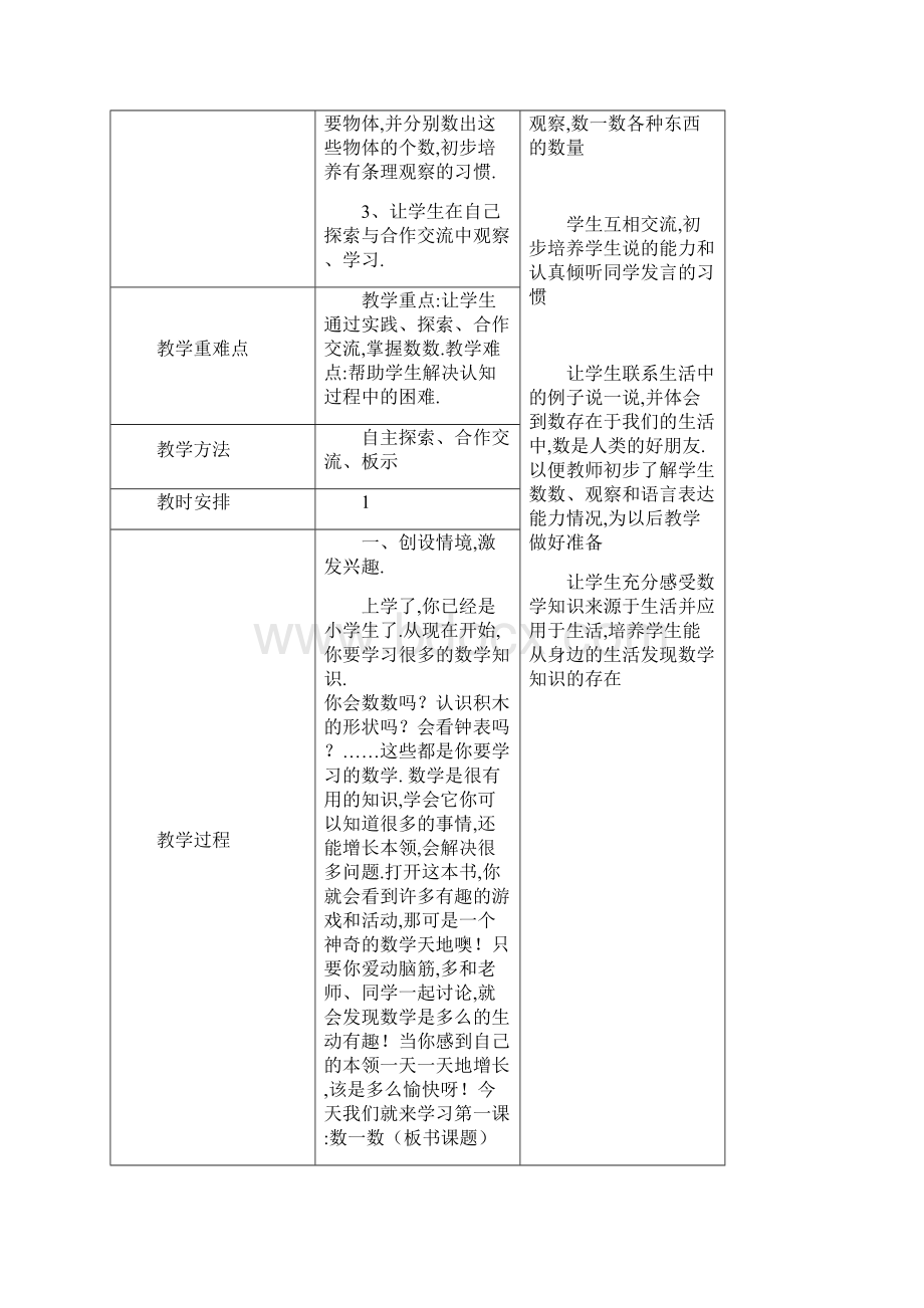 人教版秋一年级数学上册集体备课全套教案表格版.docx_第3页