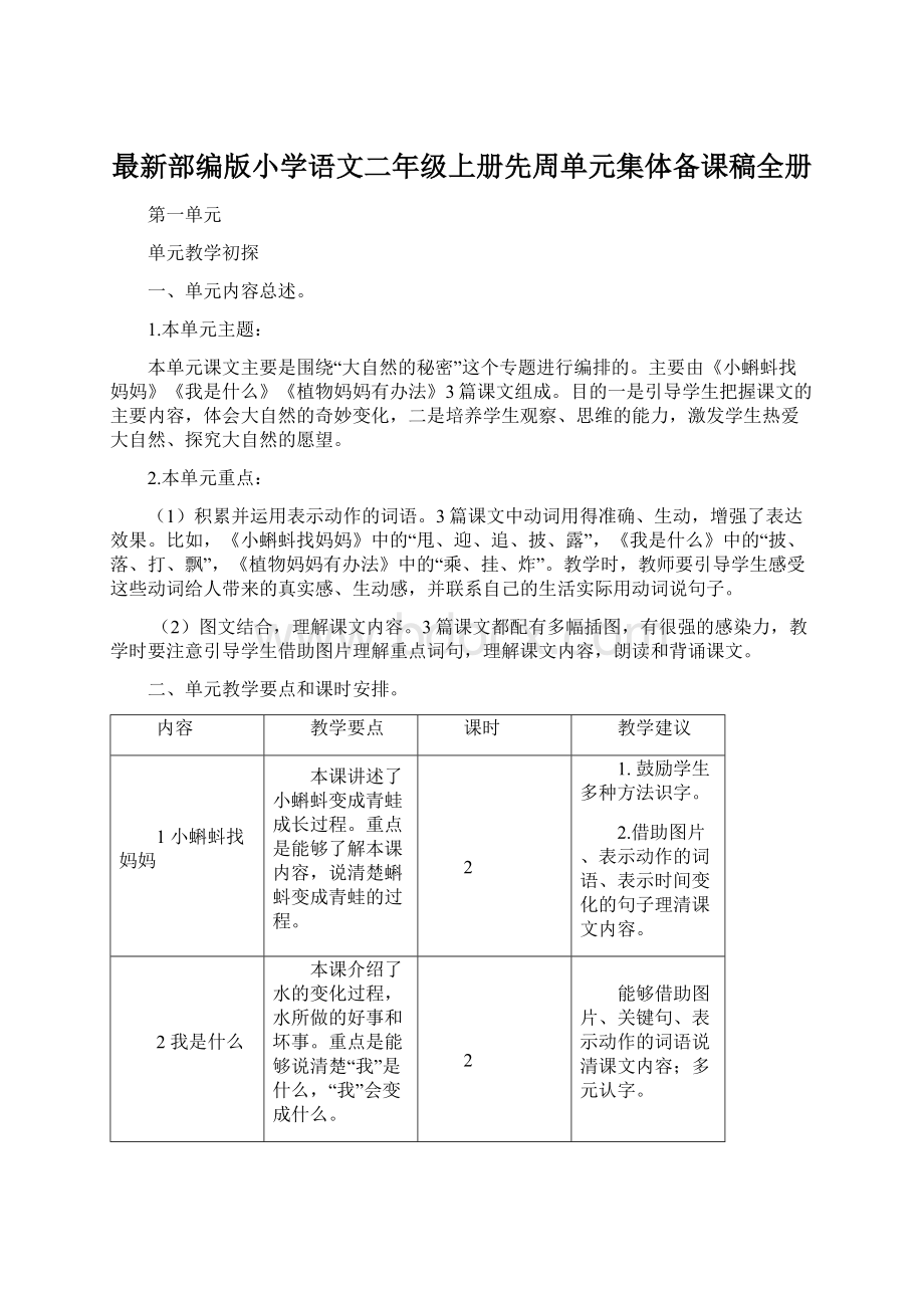 最新部编版小学语文二年级上册先周单元集体备课稿全册.docx