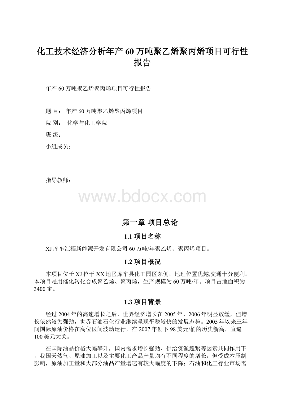 化工技术经济分析年产60万吨聚乙烯聚丙烯项目可行性报告.docx_第1页