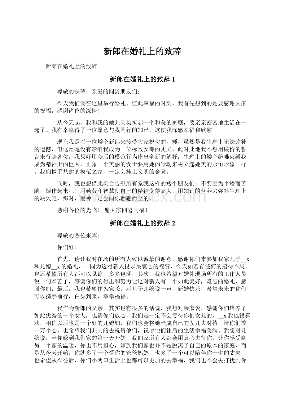 新郎在婚礼上的致辞Word下载.docx