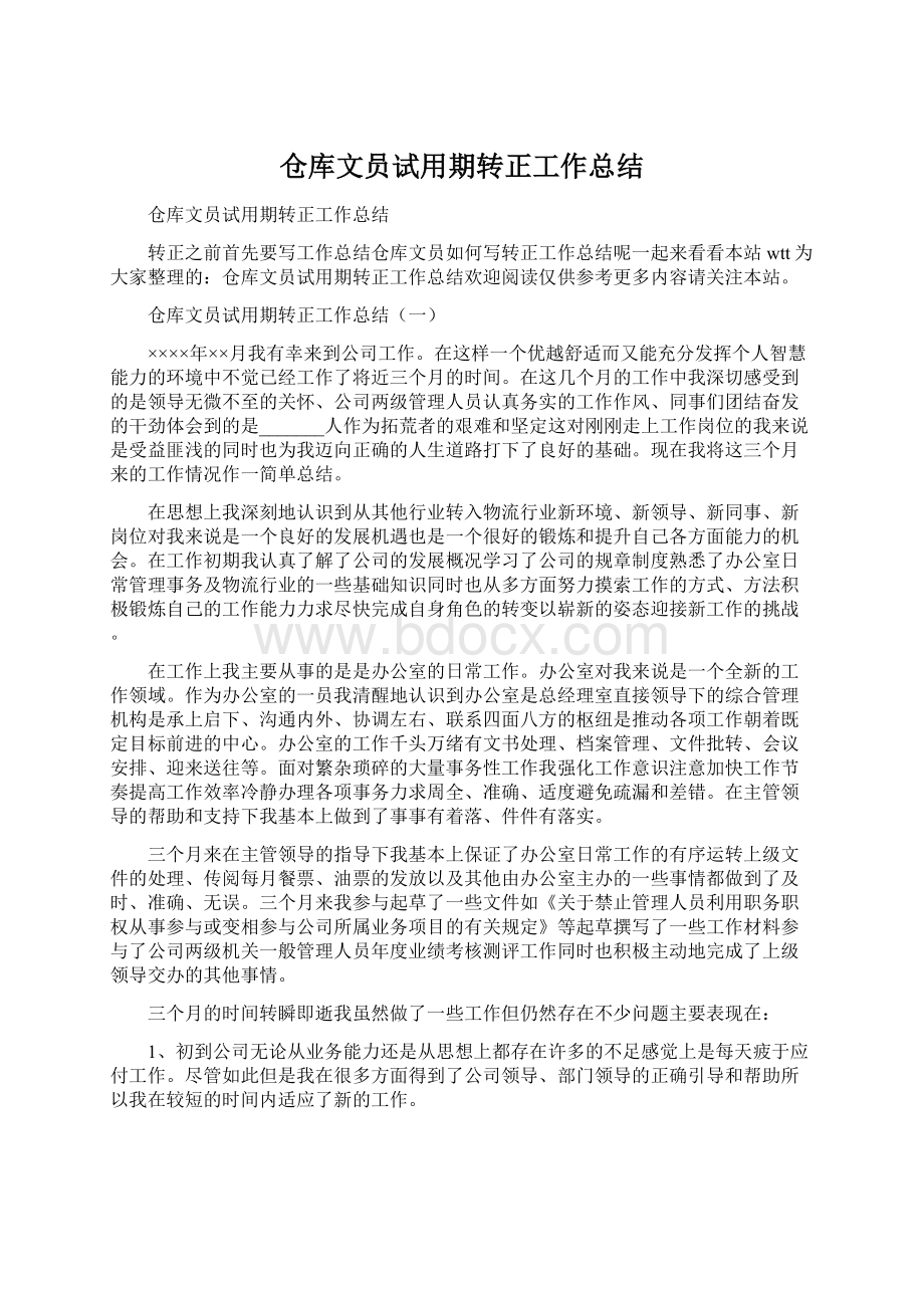 仓库文员试用期转正工作总结Word格式文档下载.docx