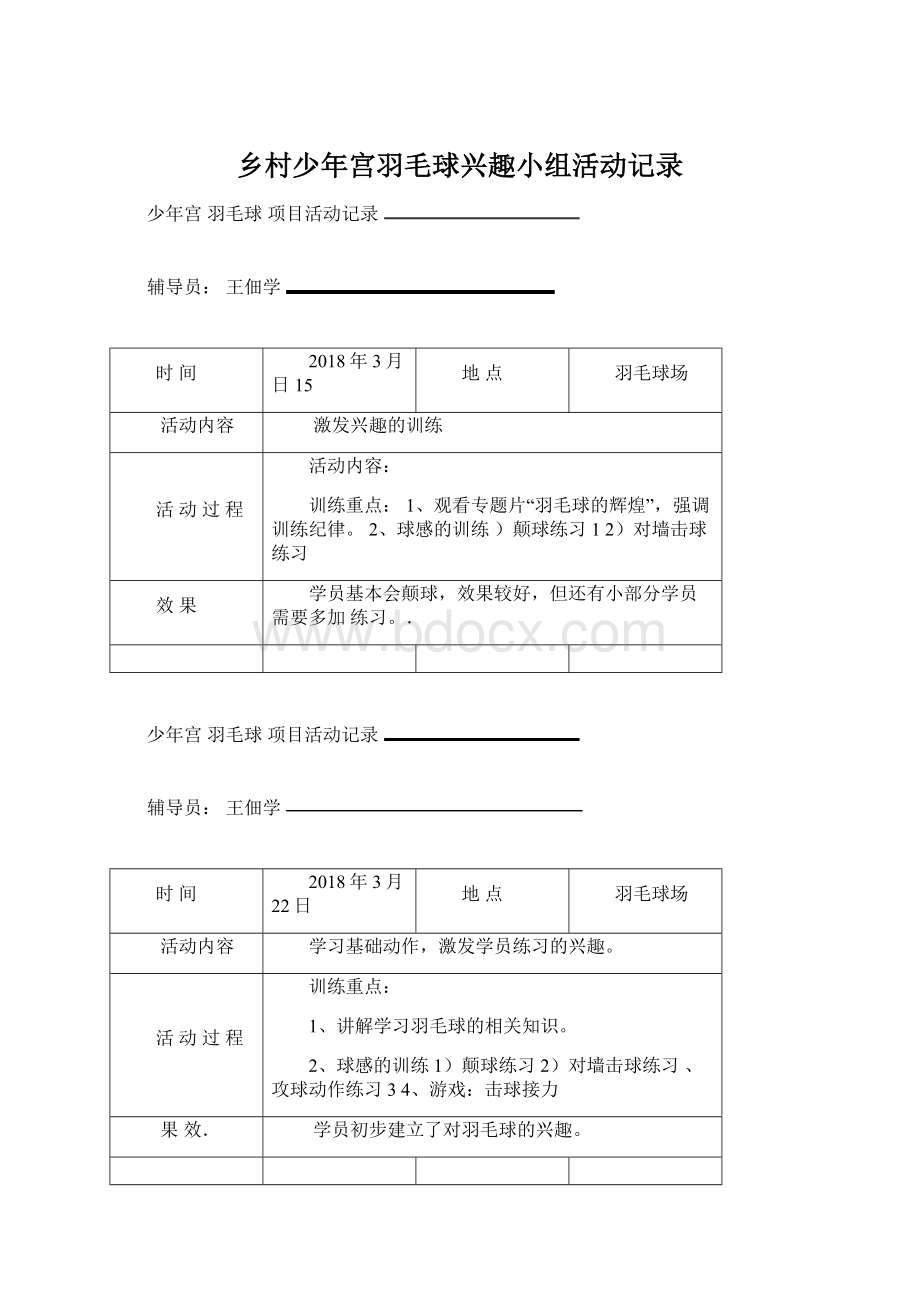 乡村少年宫羽毛球兴趣小组活动记录Word文件下载.docx