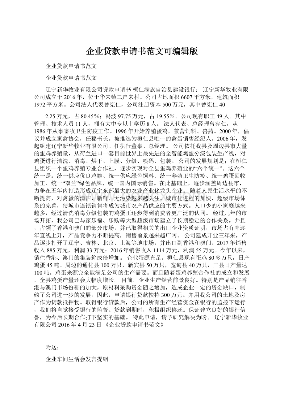 企业贷款申请书范文可编辑版文档格式.docx