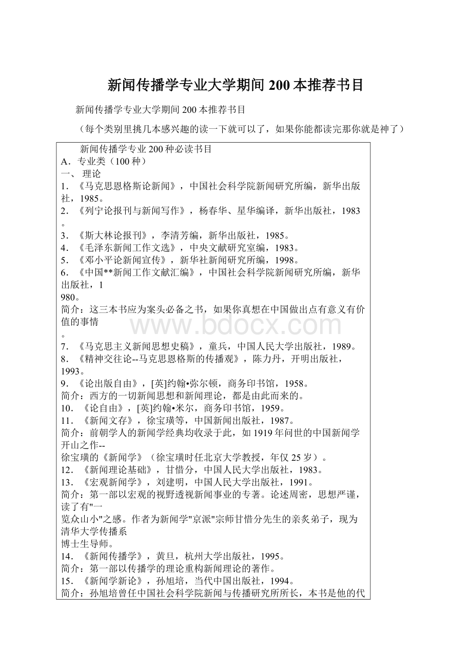 新闻传播学专业大学期间200本推荐书目.docx