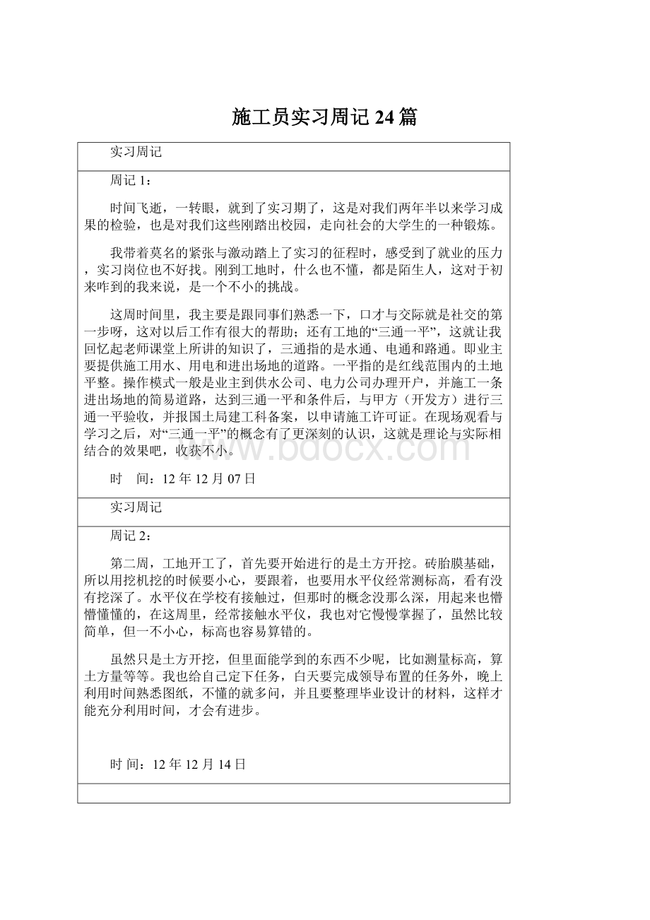 施工员实习周记24篇Word格式文档下载.docx